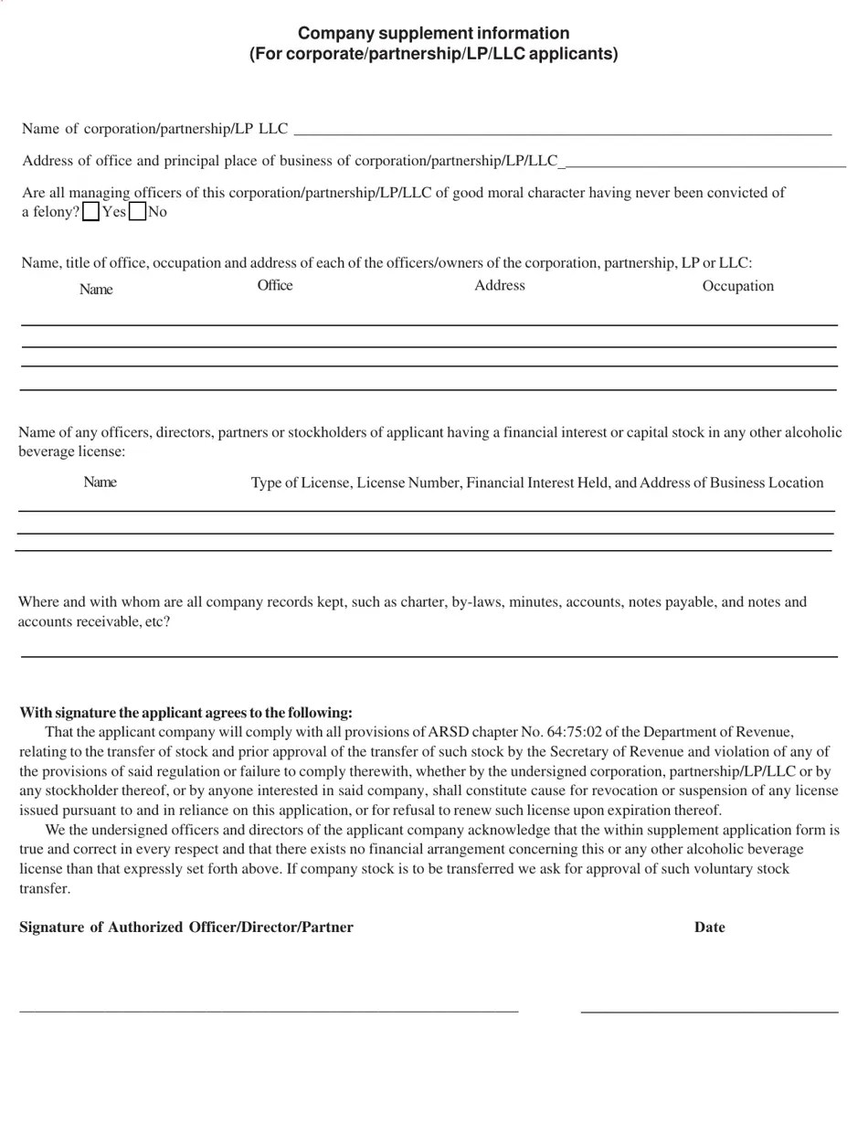 South Dakota Uniform Alcoholic Beverage License Application Form Fill