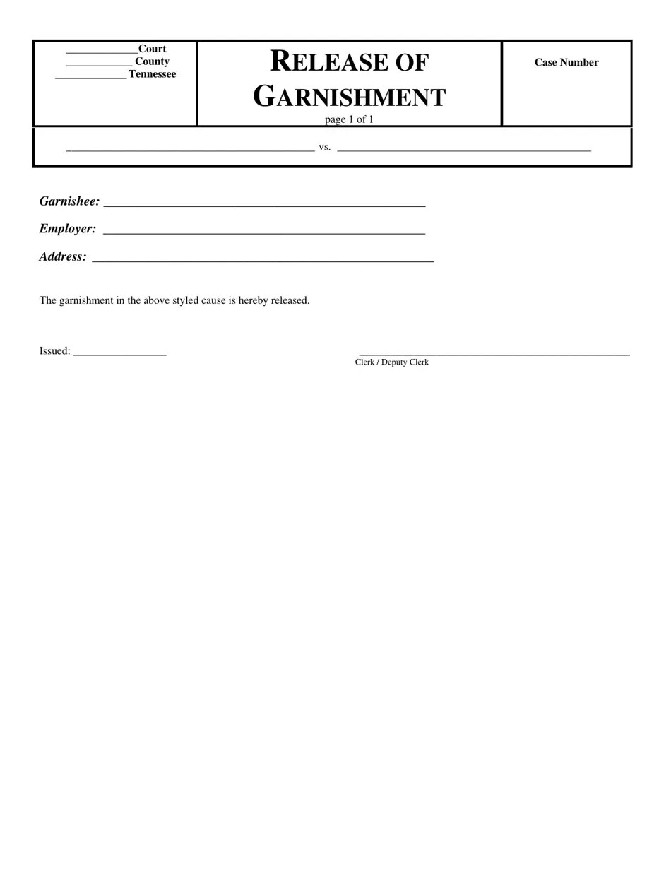 Tennessee Release of Garnishment Fill Out, Sign Online and Download