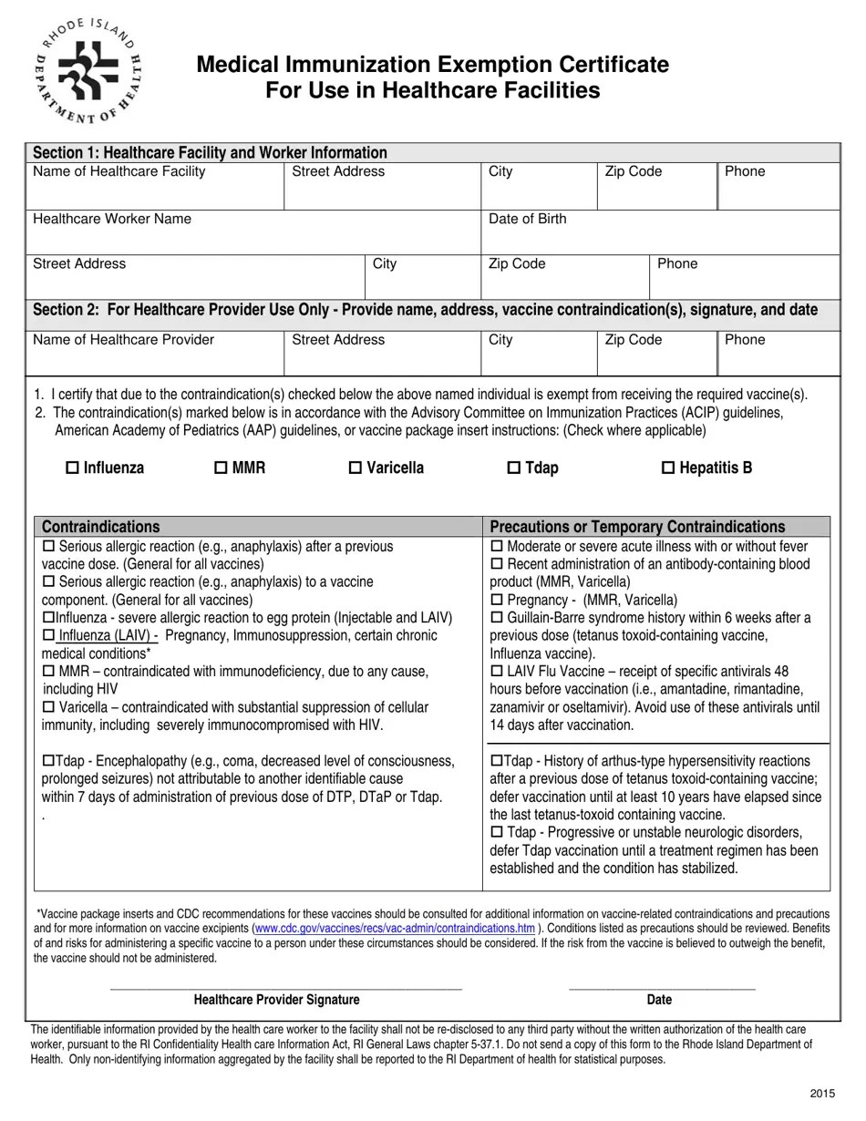 Rhode Island Medical Immunization Exemption Certificate for Use in