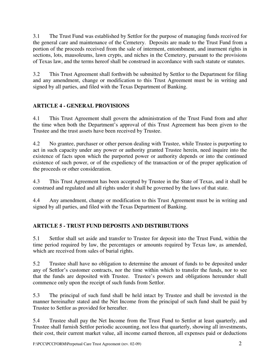 Texas Perpetual Care Trust Fund Agreement Fill Out, Sign Online and