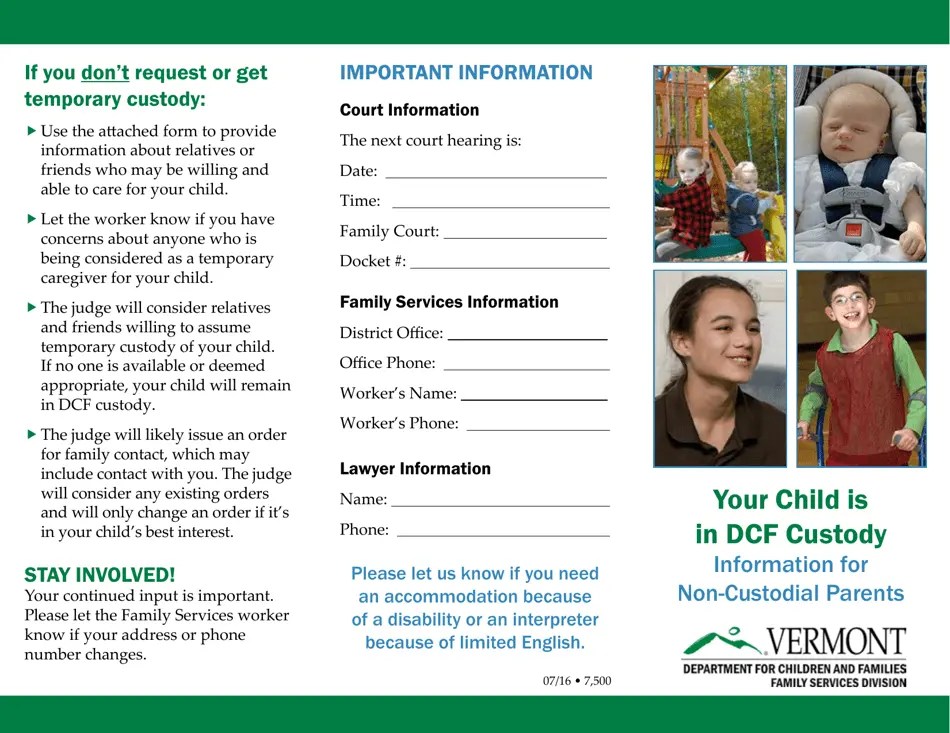Vermont Form for Noncustodial Parents Information About a Child in