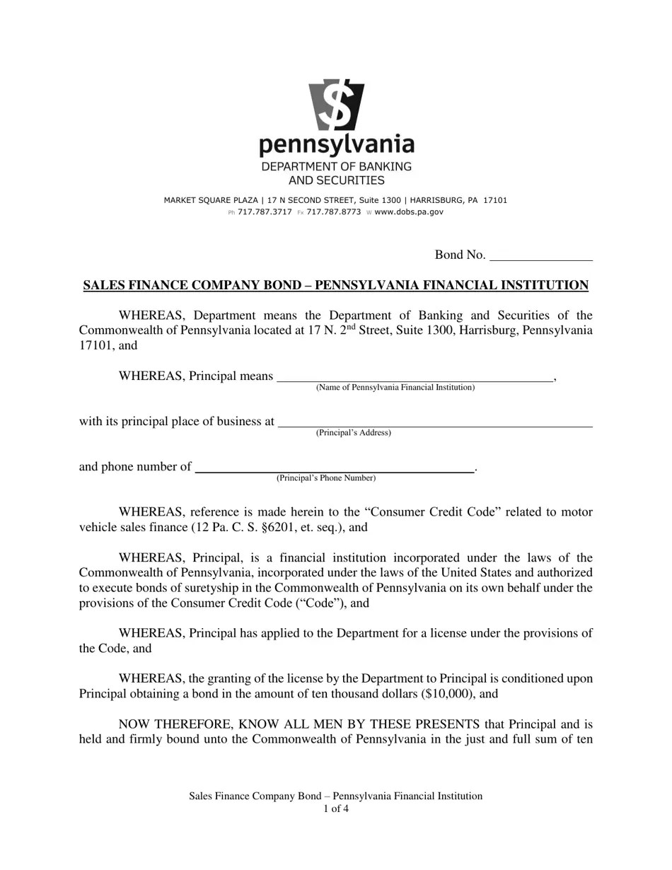 Pennsylvania Sales Finance Company Bond Pennsylvania Financial