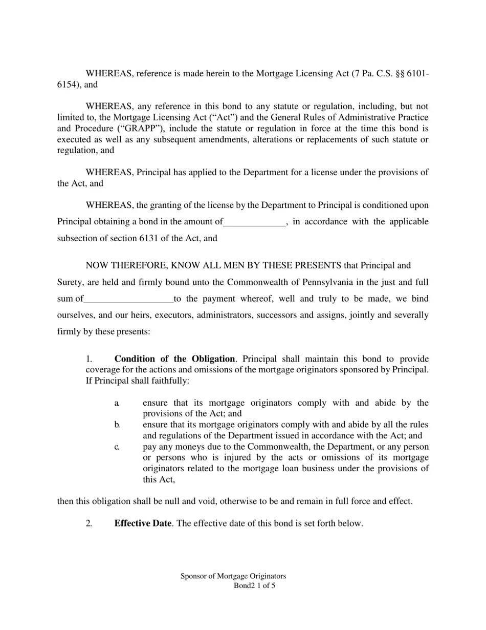 Pennsylvania Sponsor of Mortgage Originators Bond Fill Out, Sign