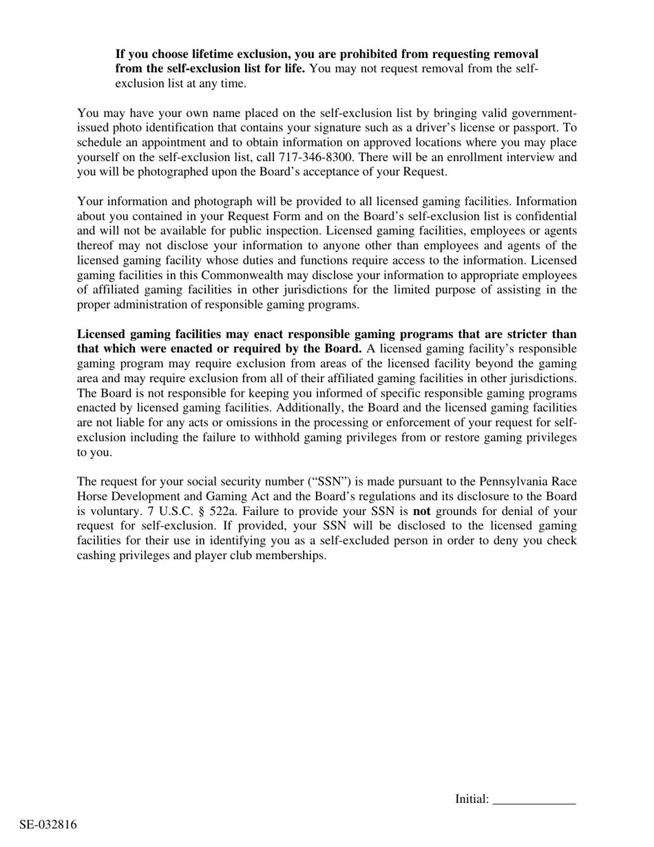 Pennsylvania Request for Voluntary Selfexclusion From Gaming