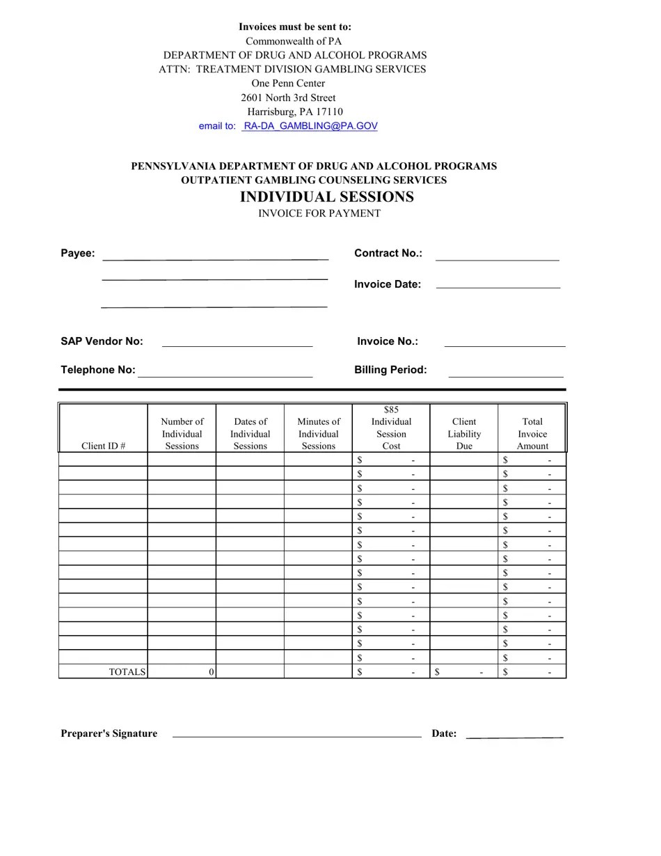 Pennsylvania Gambling Invoice Form Individual Sessions Fill Out