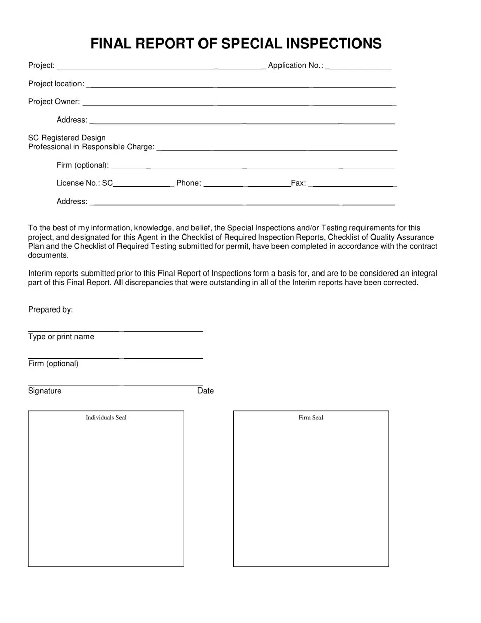 South Carolina Statement of Special Inspections Fill Out, Sign Online