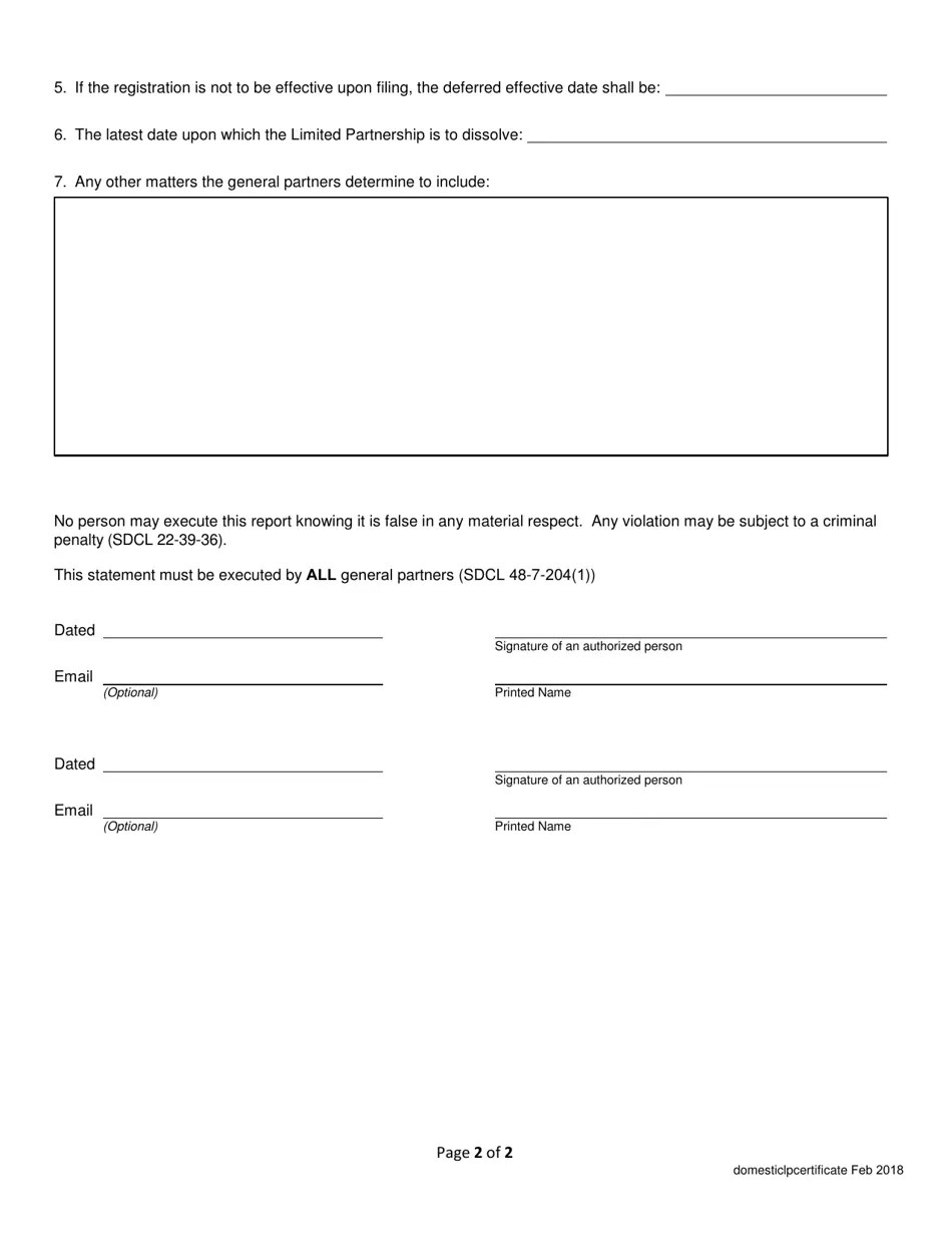 South Dakota Certificate of Limited Partnership Domestic Limited