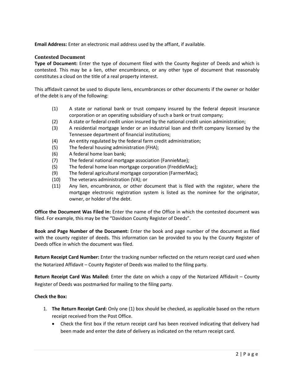 Tennessee County Register of Deeds Uncontested Lien Affidavit Fill