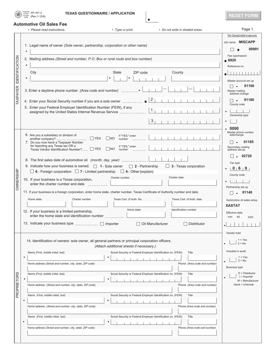 Form AP161 Download Fillable PDF or Fill Online Texas Questionnaire