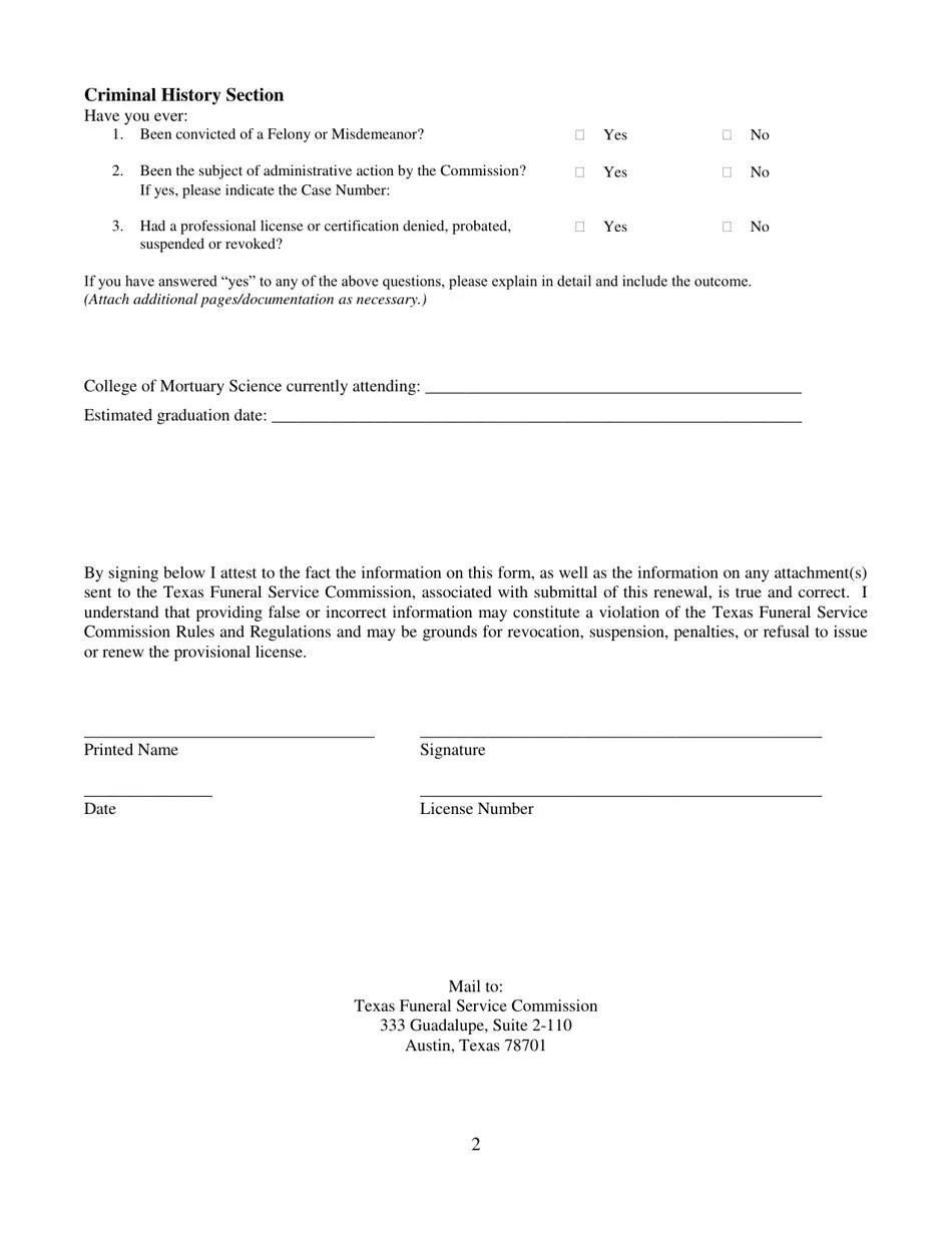 Texas Provisional Funeral Director/Embalmer Renewal Application Form