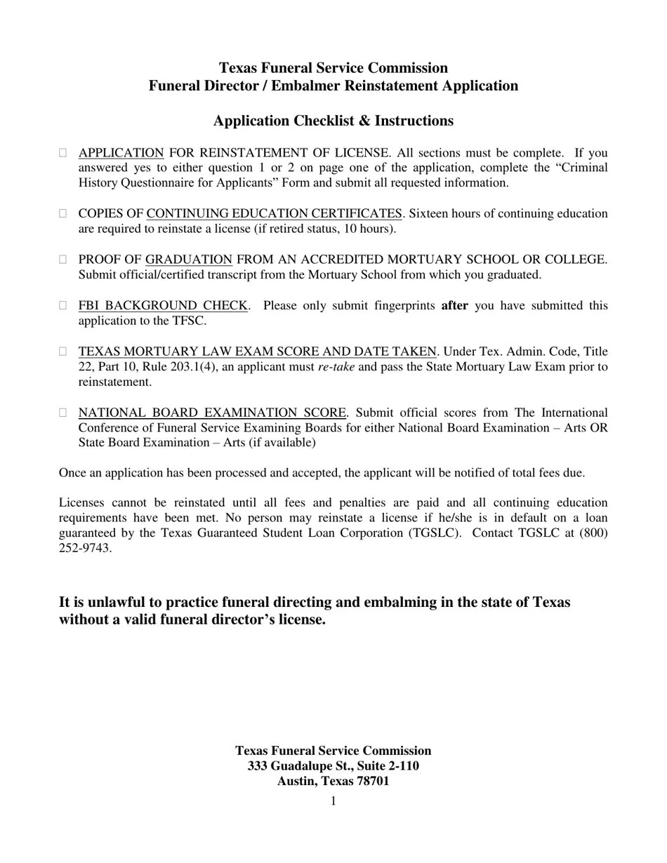 Texas Funeral Director/Embalmer Reinstatement Application Packet Fill