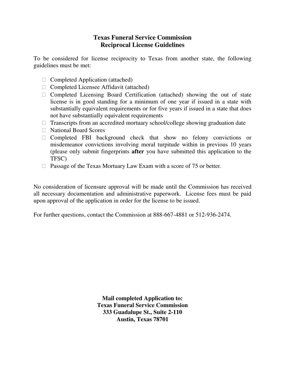 Texas Application for Reciprocal License Funeral Director/Embalmer