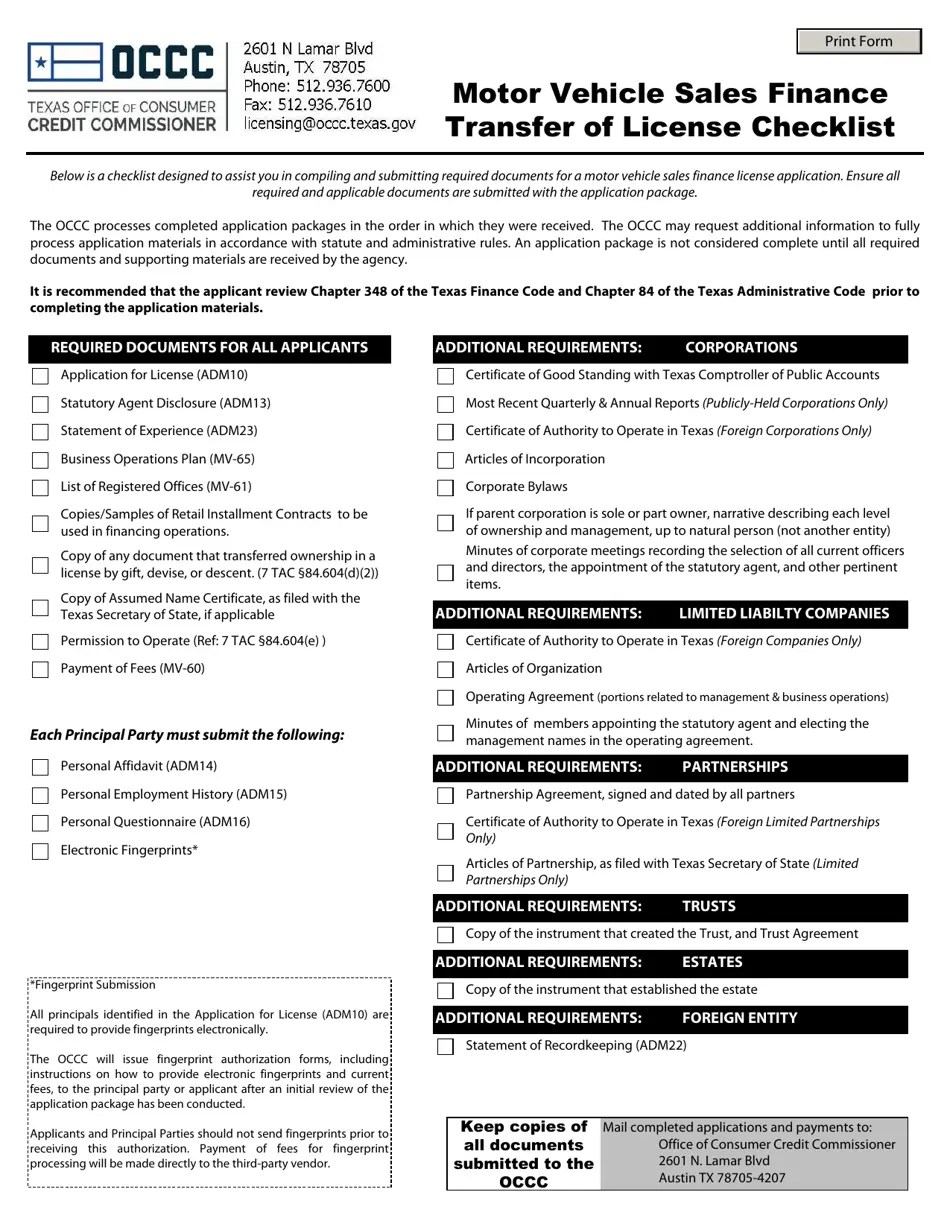 Texas Motor Vehicle Sales Finance Transfer of License Checklist Fill