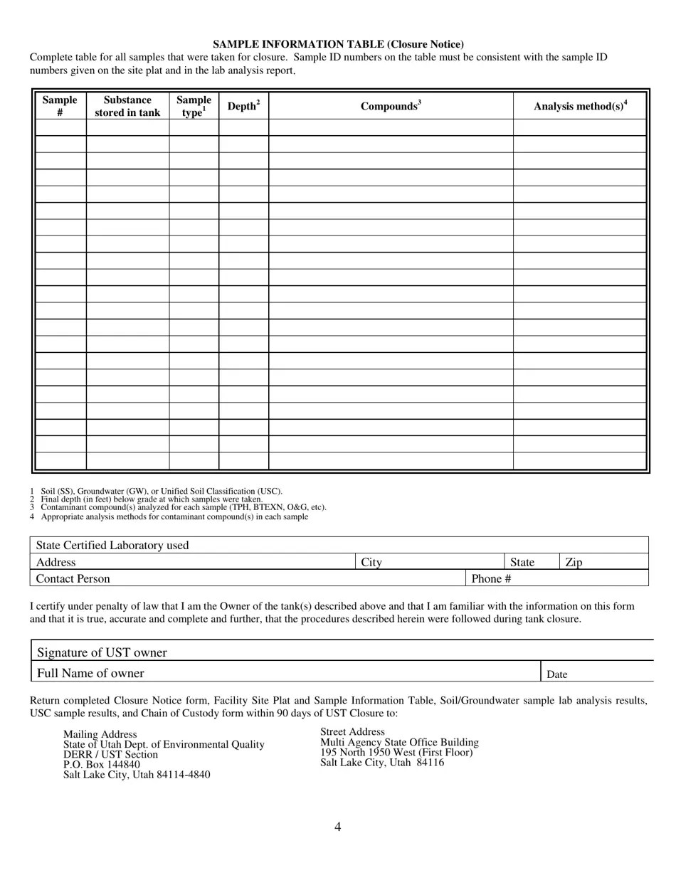 Utah Underground Storage Tank Permanent Closure Notice Form Fill Out