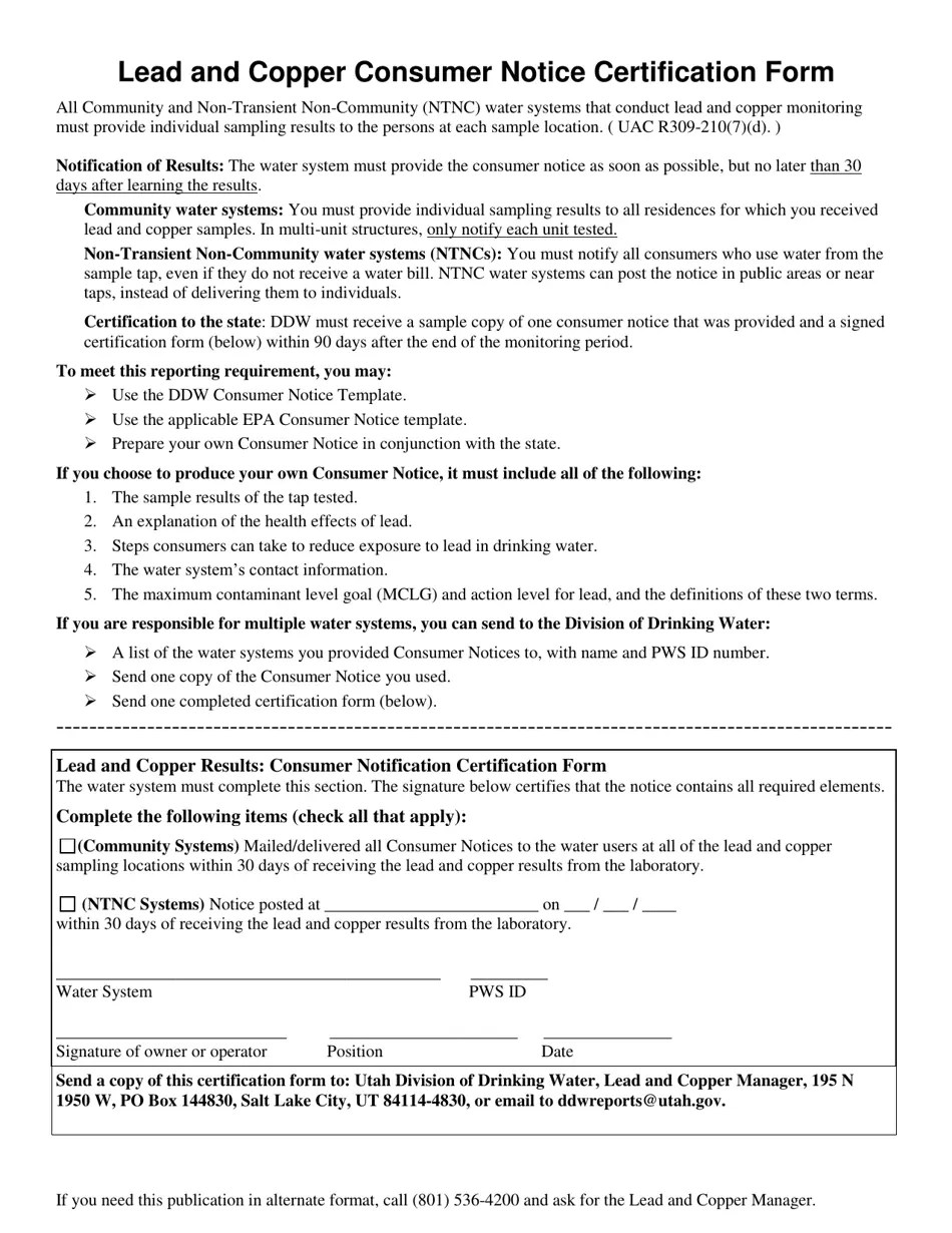 Utah Lead and Copper Consumer Notice Certification Form Fill Out