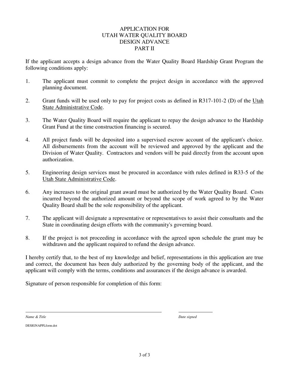 Utah Application Form for Hardship Design Advance From the Utah State