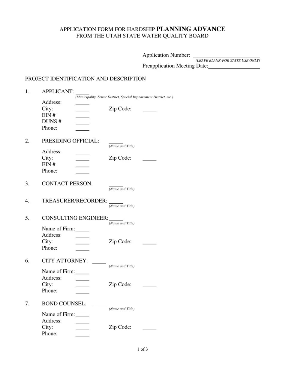 Utah Application Form for Hardship Planning Advance From the Utah State
