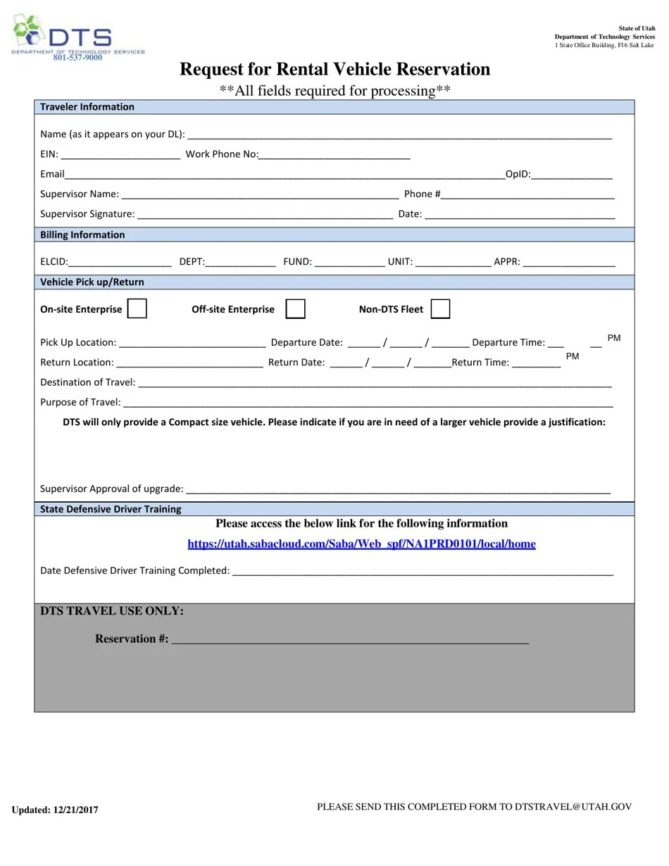 Utah Request for Rental Vehicle Reservation Fill Out, Sign Online and