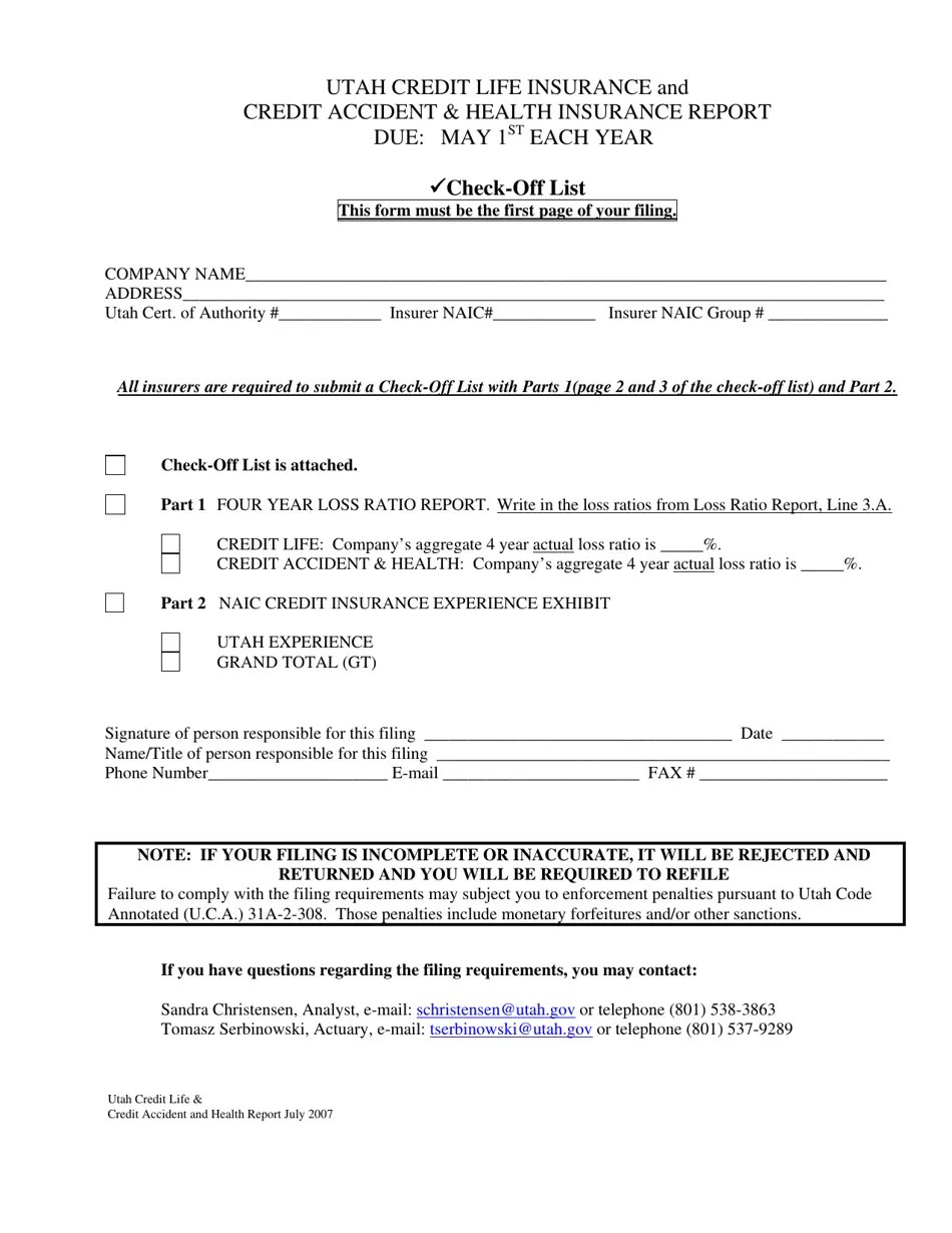 Utah Credit Life Insurance and Credit Accident & Health Insurance