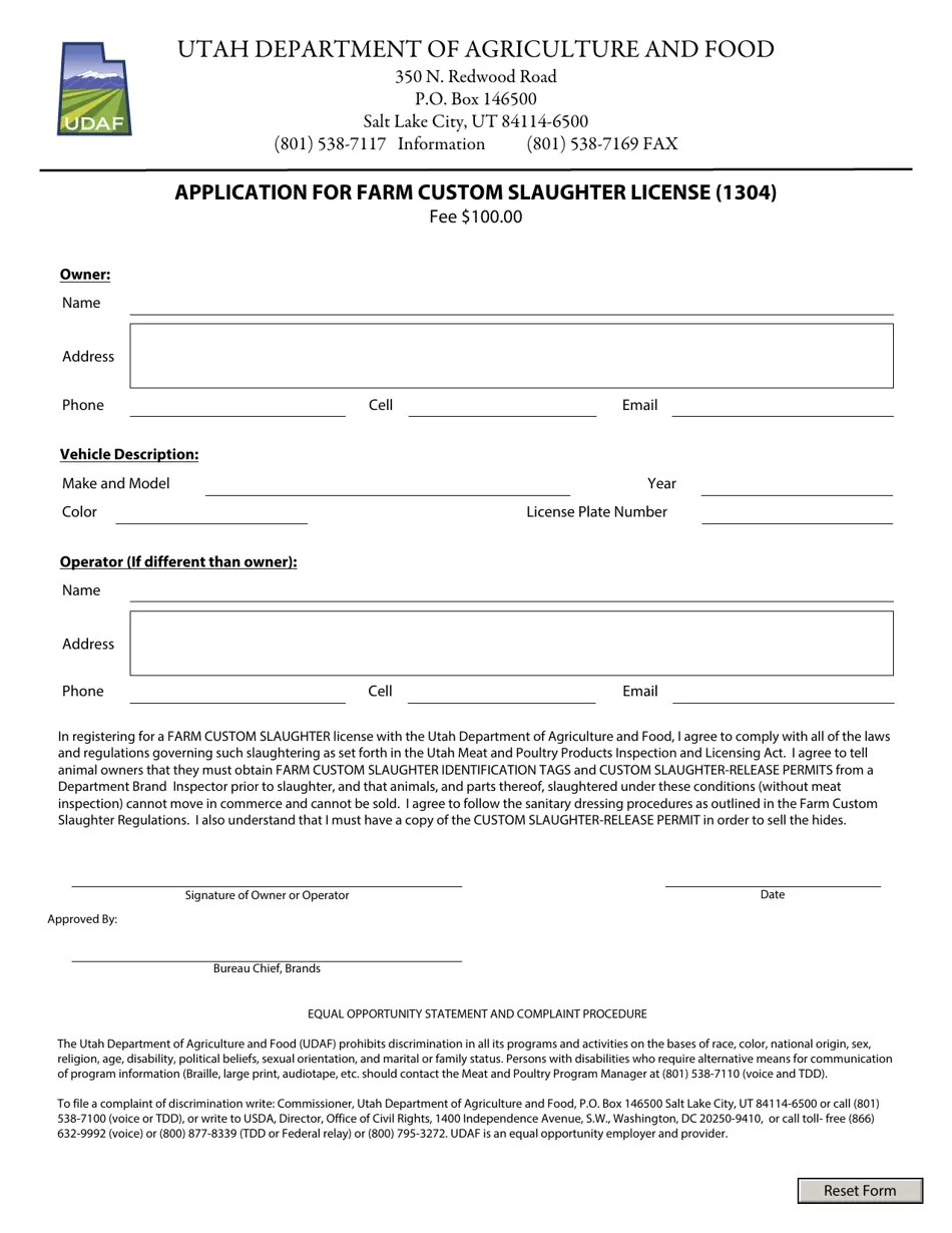 Utah Application for Farm Custom Slaughter License (1304) Fill Out