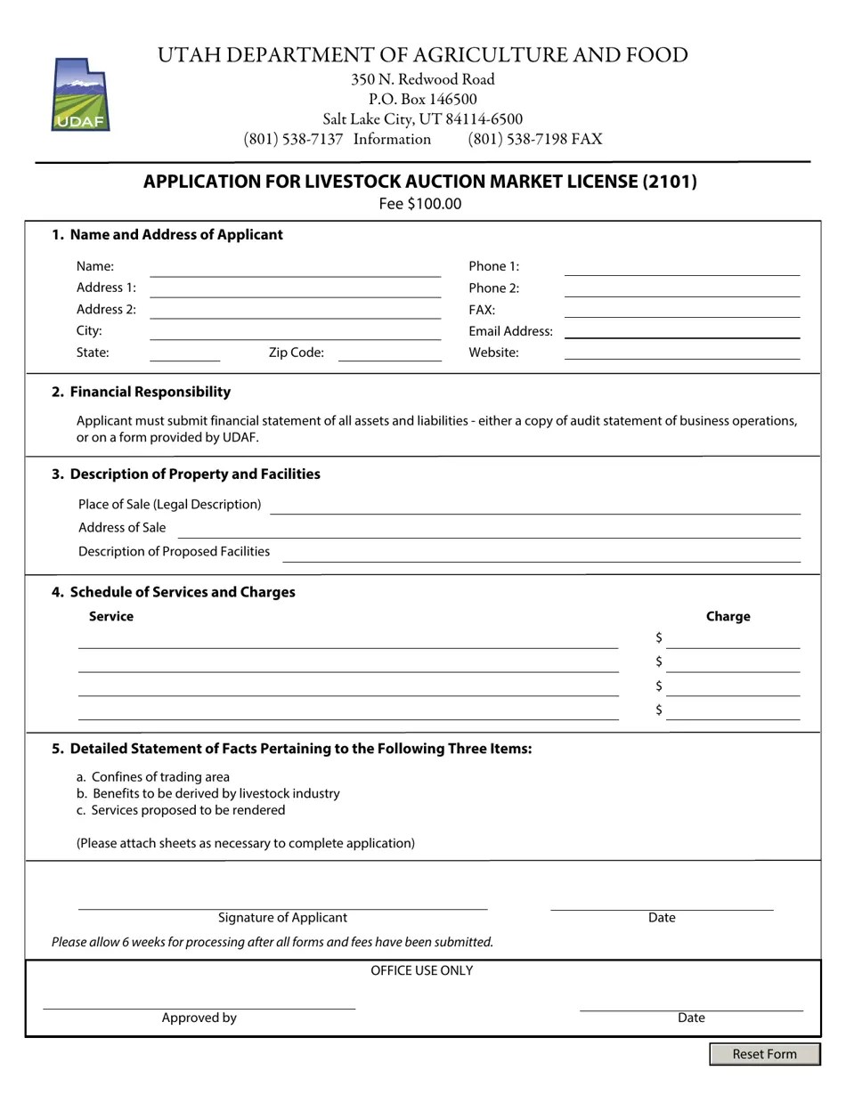 Utah Application for Livestock Auction Market License (2101) Fill Out, Sign Online and