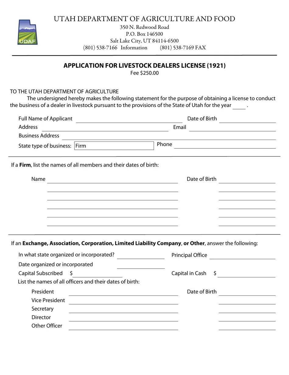 Utah Application for Livestock Dealers License (1921) Fill Out, Sign