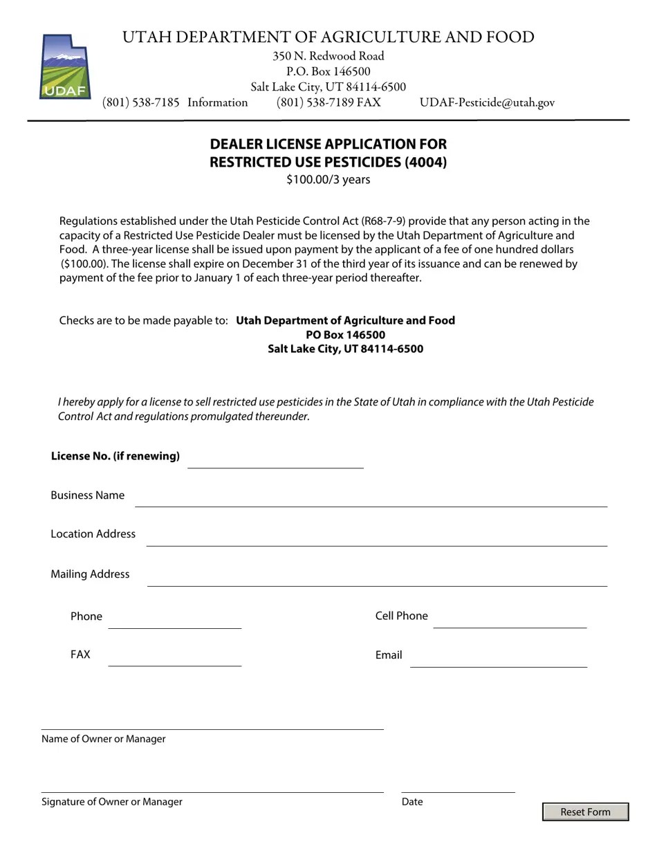Utah Dealer License Application for Restricted Use Pesticides (4004