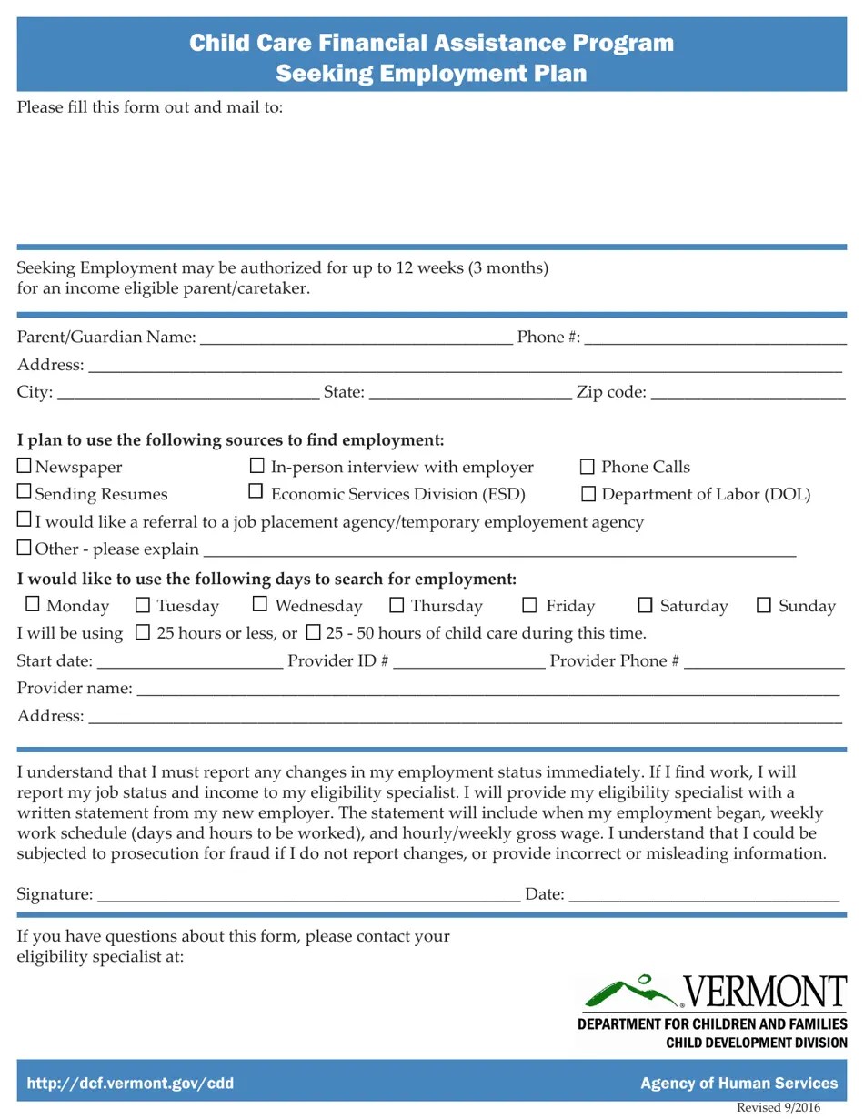 Vermont Seeking Employment Plan Child Care Financial Assistance