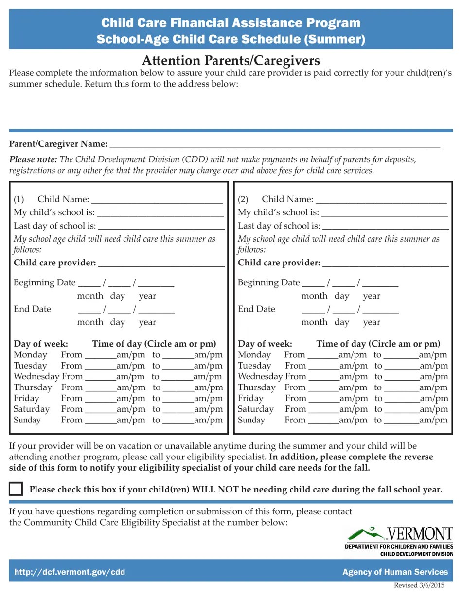 Vermont SchoolAge Child Care Schedule (Summer) Child Care Financial