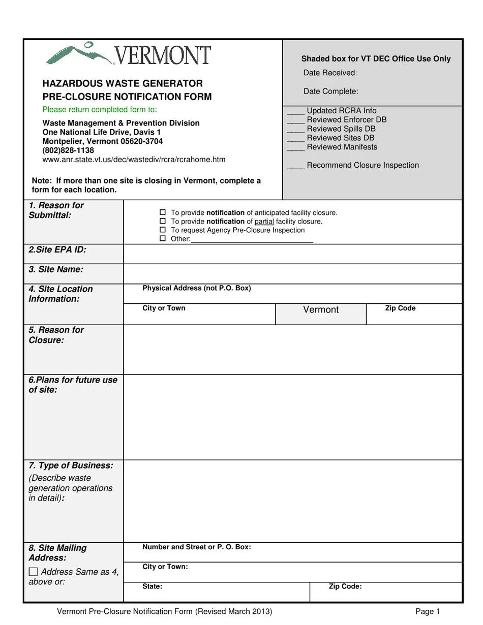 Vermont Hazardous Waste Generator Preclosure Notification Form Fill