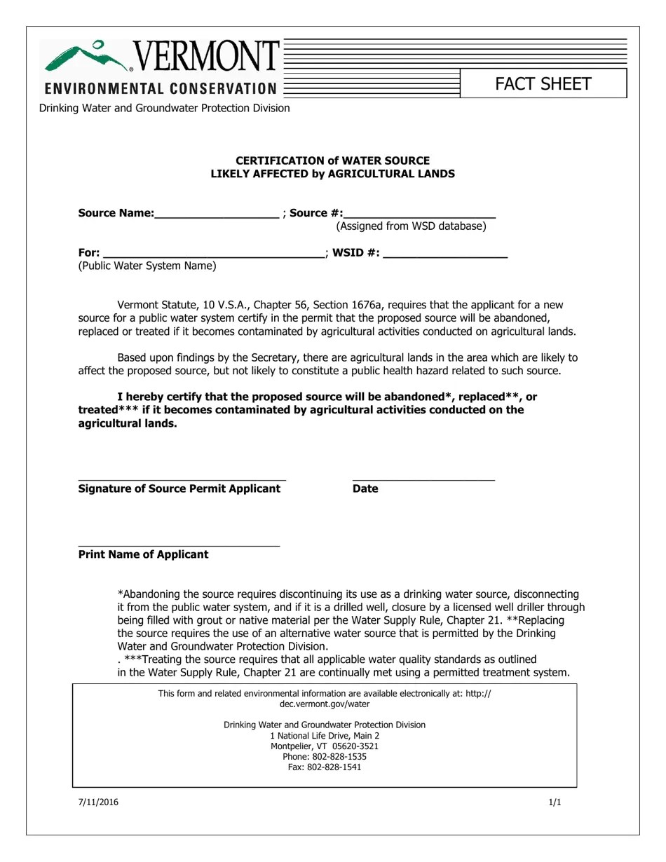 Vermont Certification of Water Source Likely Affected by Agricultural