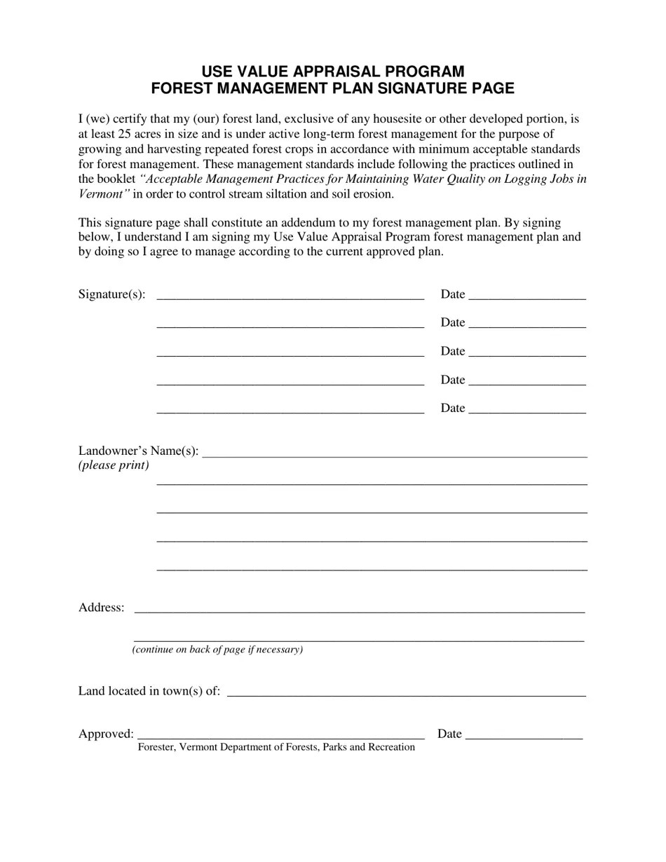 Vermont Use Value Appraisal Program Forest Management Plan Signature