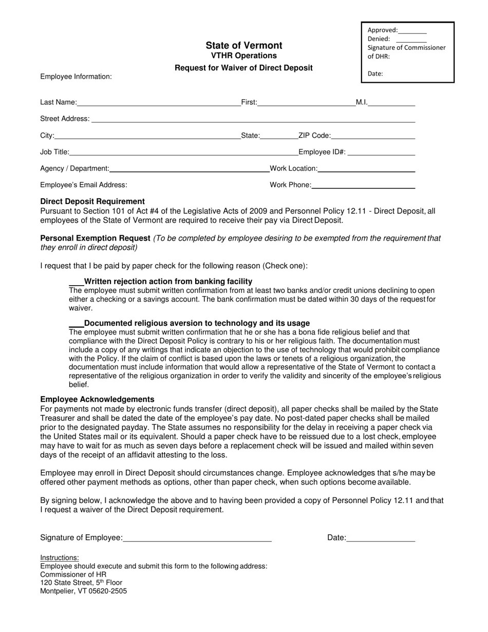 Vermont Request for Waiver of Direct Deposit Fill Out, Sign Online