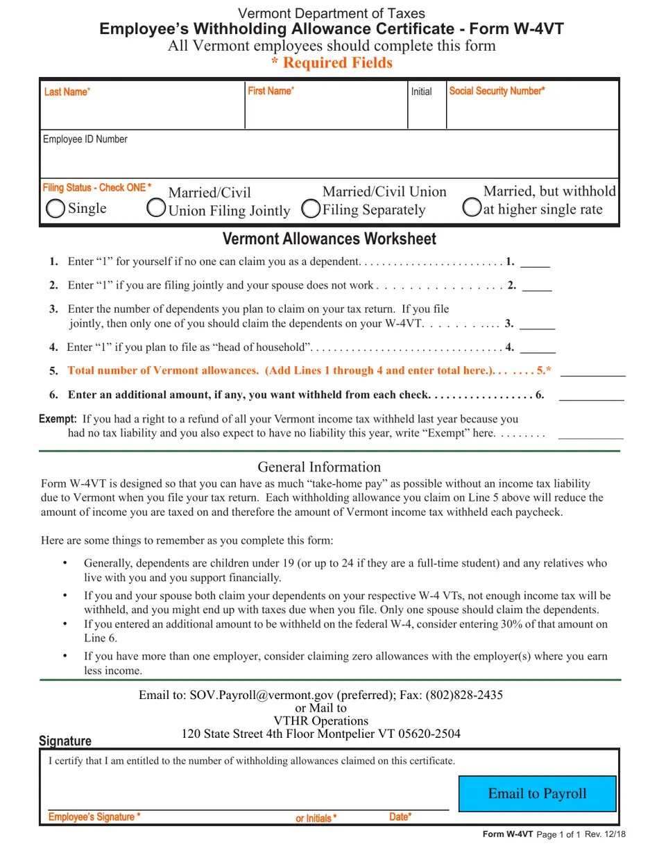 VT Form W4VT Fill Out, Sign Online and Download Fillable PDF