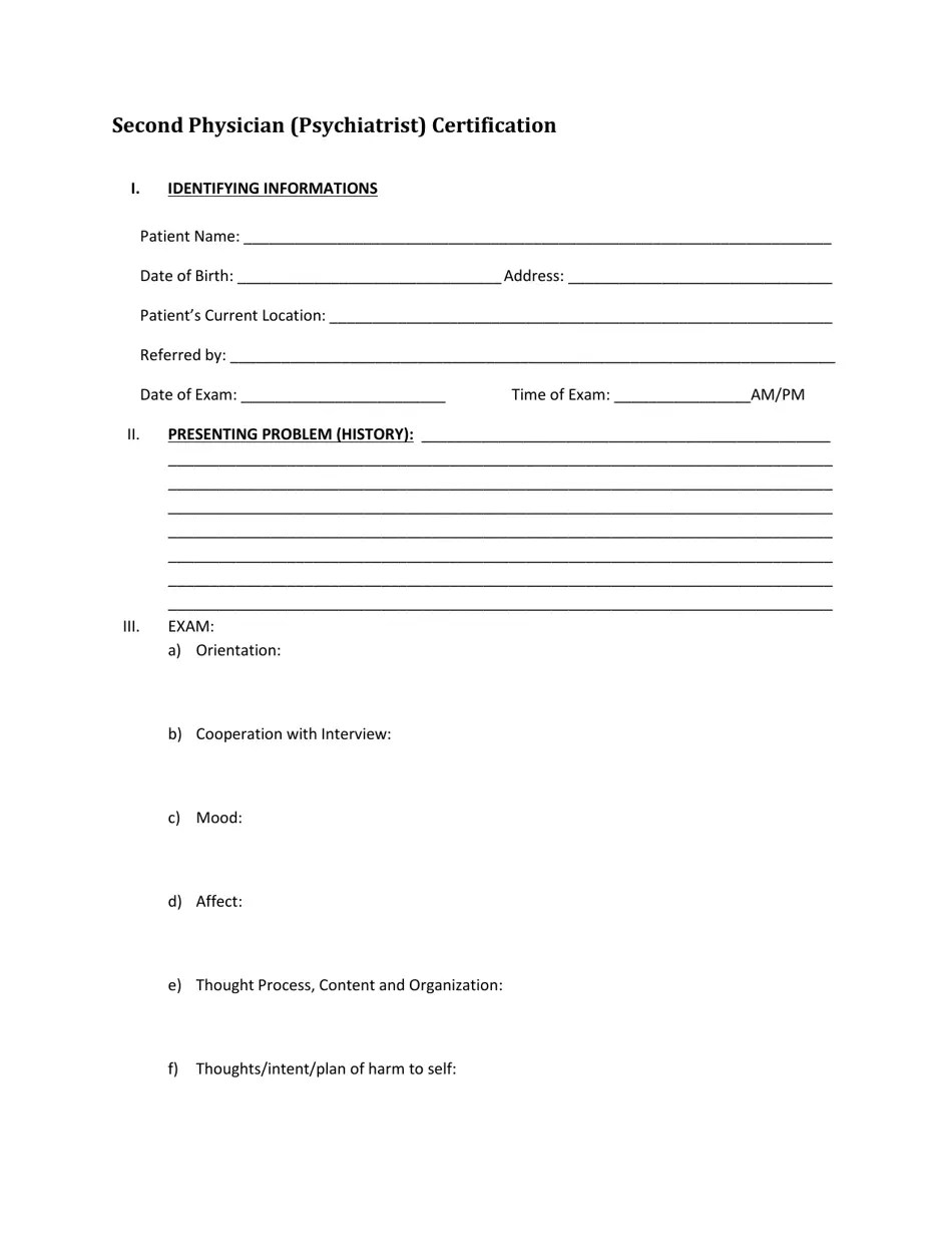 Vermont Second Physician (Psychiatrist) Certification Form Download