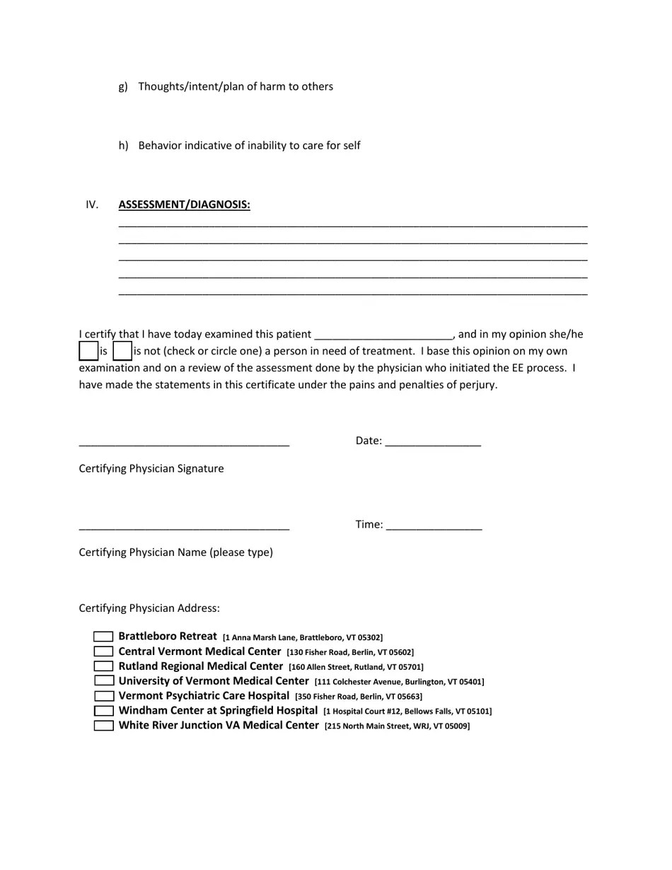 Vermont Second Physician (Psychiatrist) Certification Form Download
