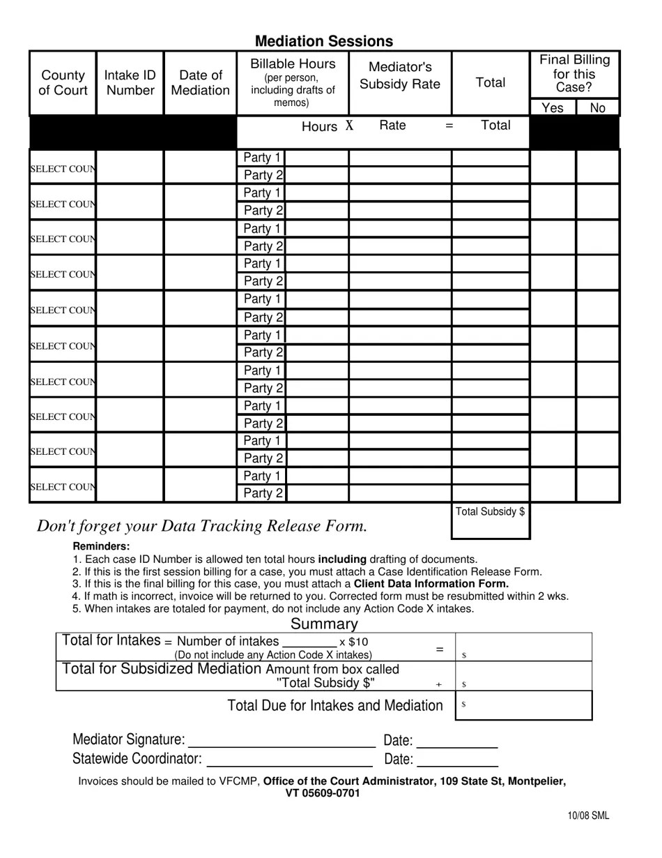 Vermont Invoice for Mediation Services for SubsidyEligible Clients