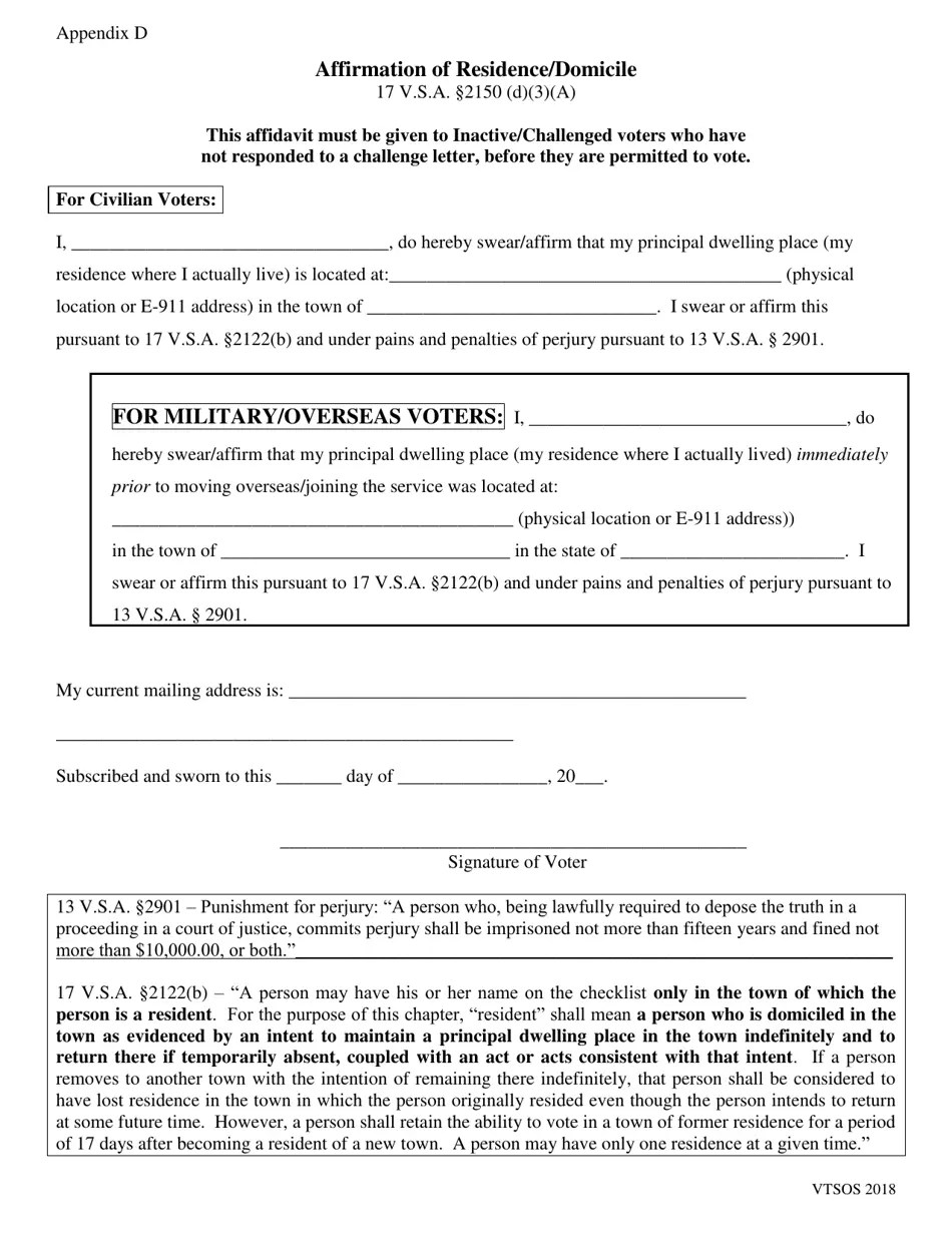 Vermont Affirmation of Residence/Domicile Fill Out, Sign Online and
