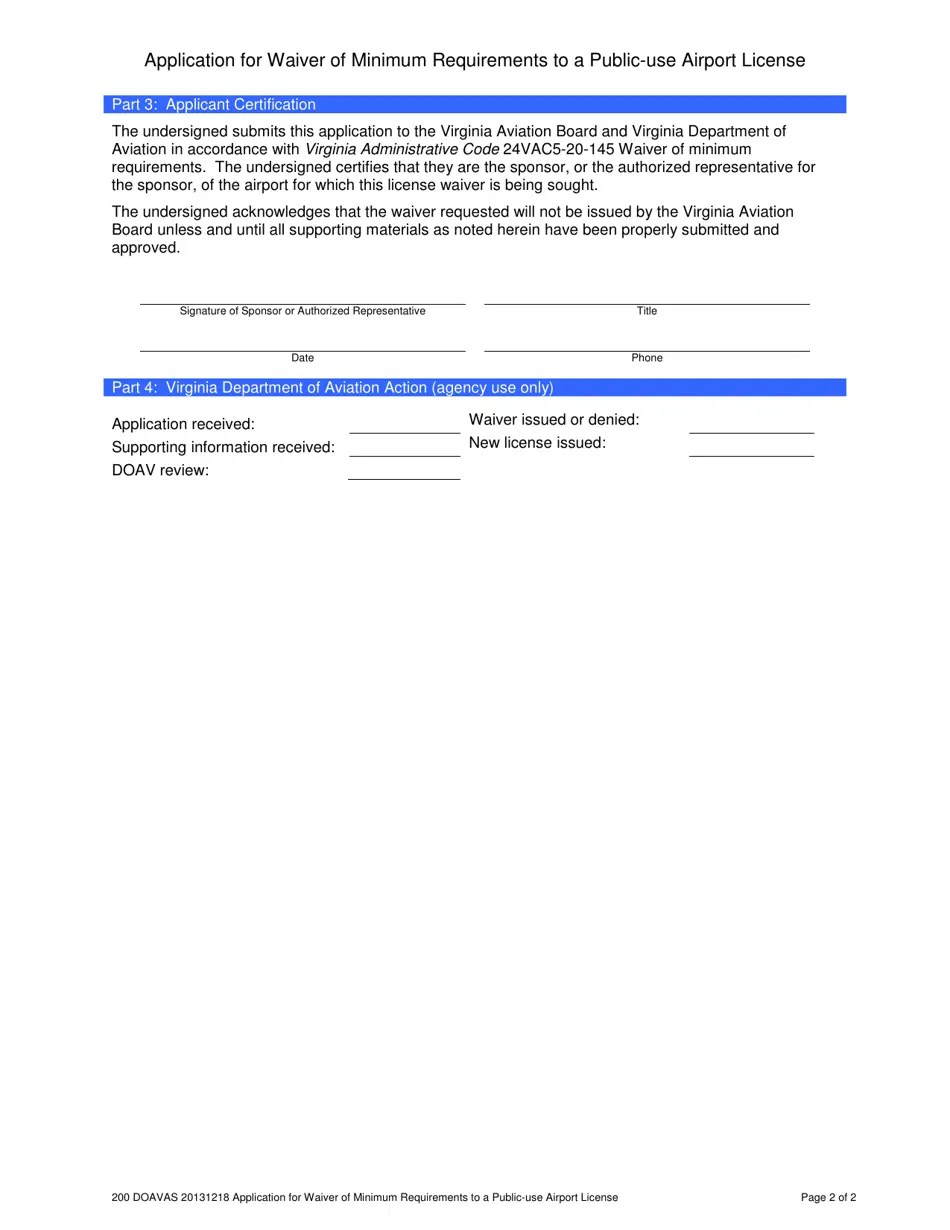 Virginia Application for Waiver of Minimum Requirements to a PublicUse