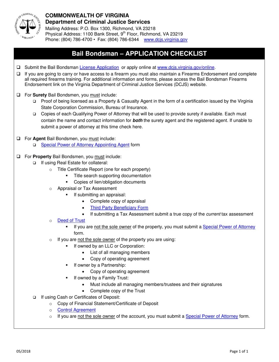 Virginia Bail Bondsman Application Checklist Fill Out, Sign Online
