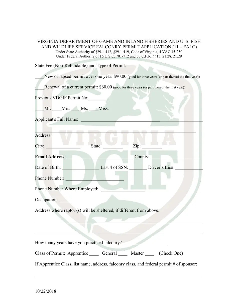 Virginia Falconry Permit Application Form Fill Out, Sign Online and