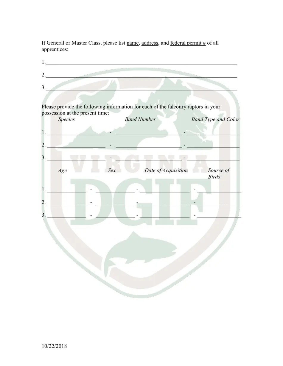 Virginia Falconry Permit Application Form Fill Out, Sign Online and