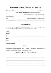 Alabama Motor Vehicle Bill of Sale Form - Fill Out, Sign Online and