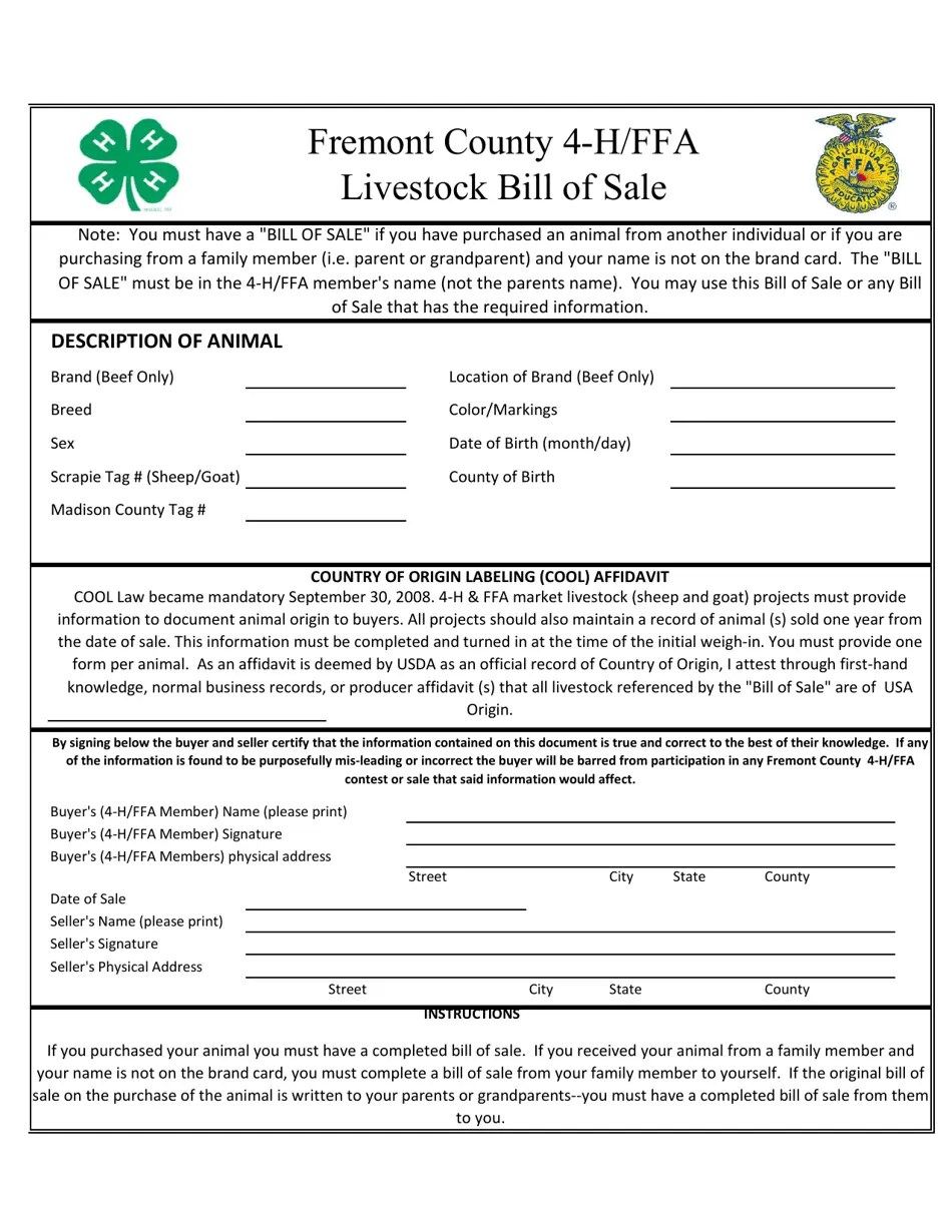 Fremont County, Idaho 4h/Ffa Livestock Bill of Sale Fill Out, Sign