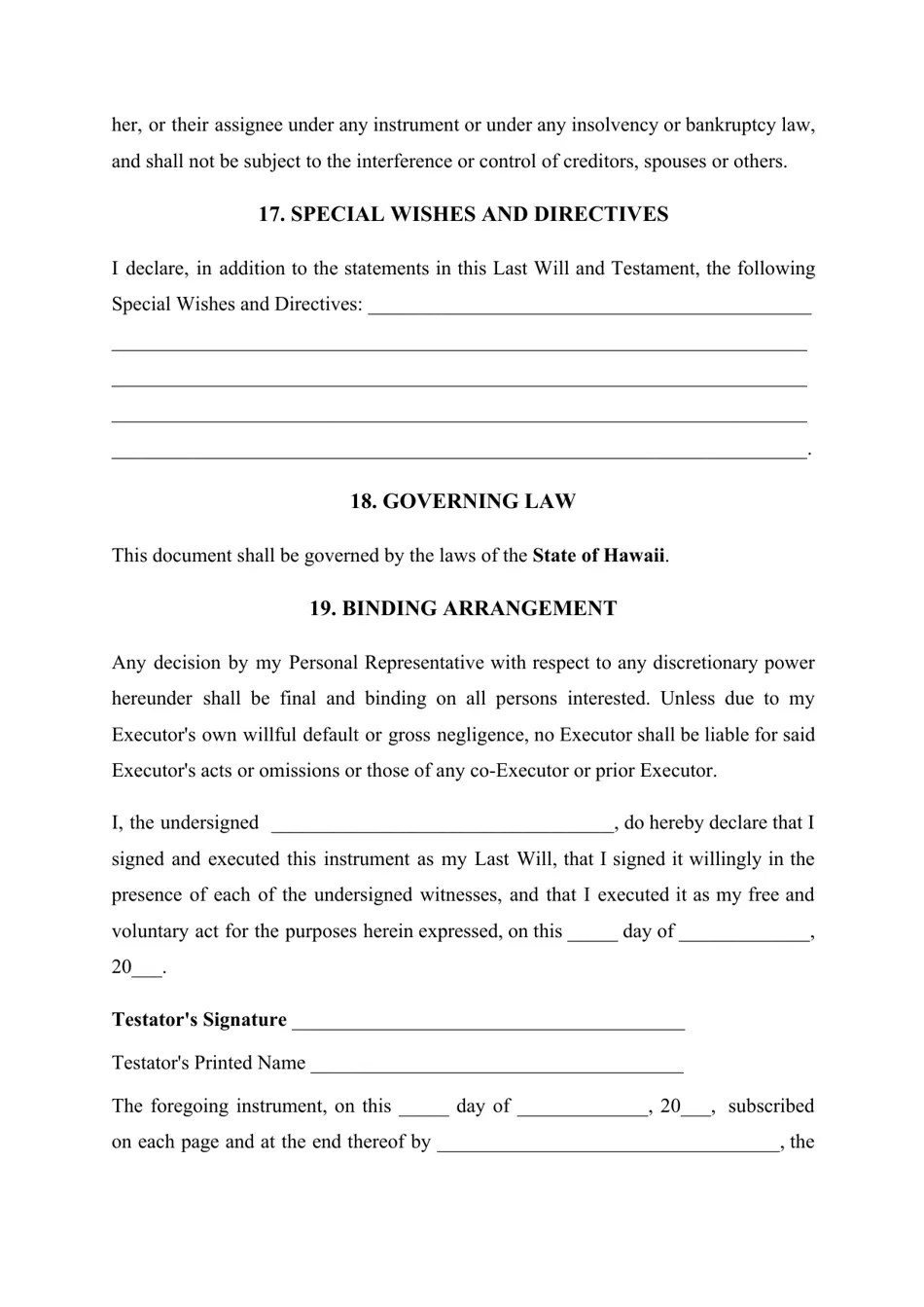 Hawaii Last Will and Testament Template Download Printable PDF