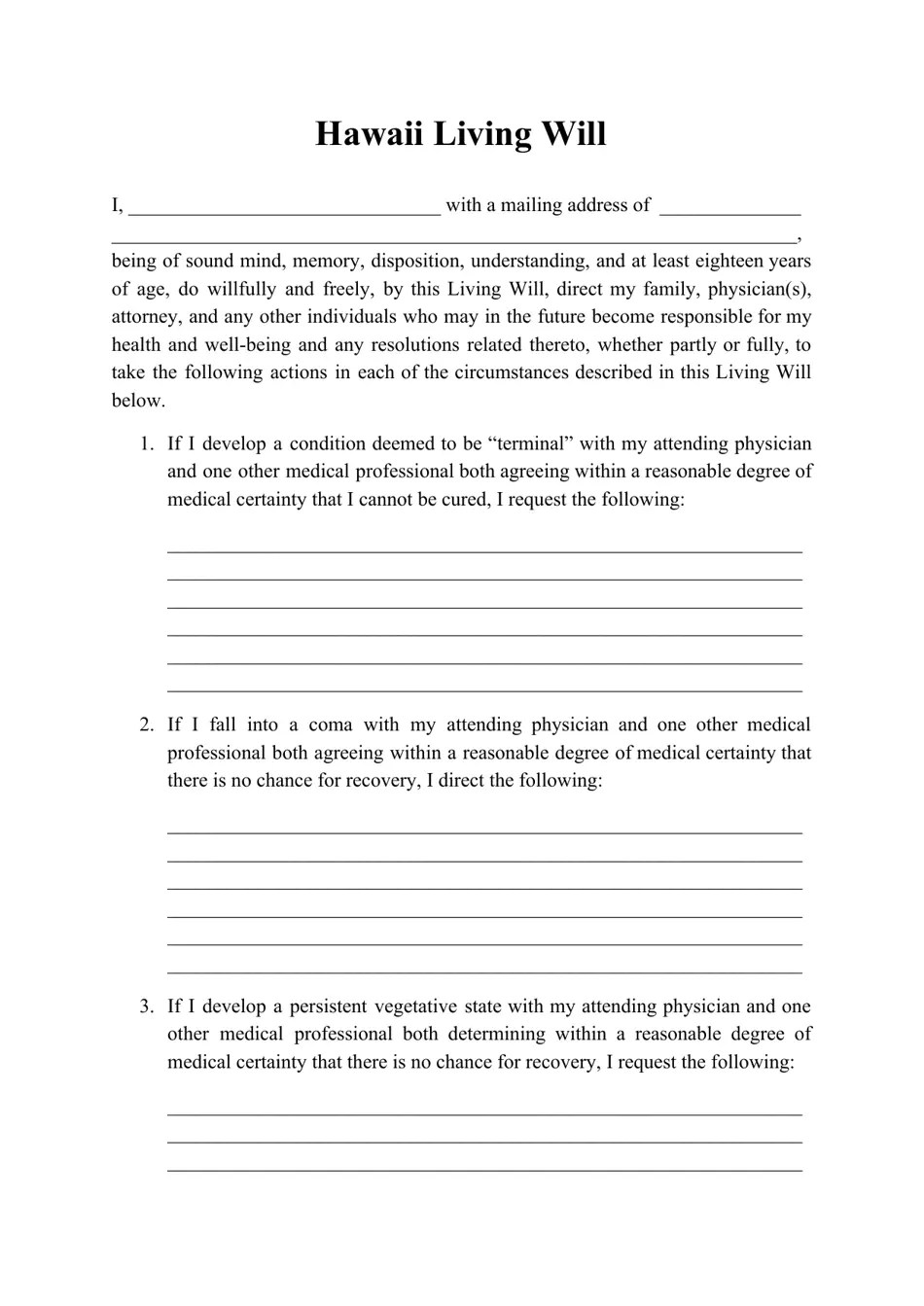 Hawaii Living Will Form Fill Out, Sign Online and Download PDF