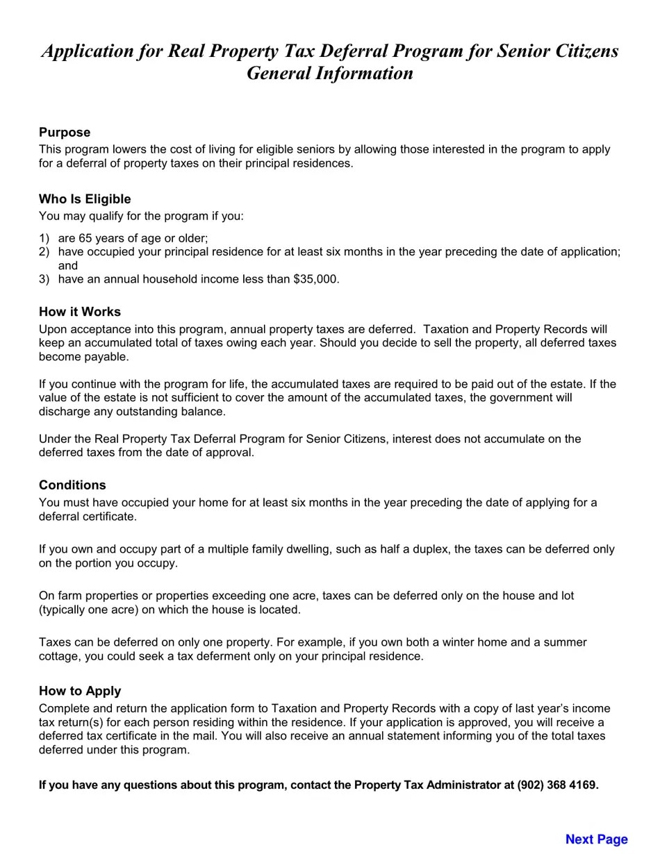 Prince Edward Island Canada Application for Real Property Tax Deferral