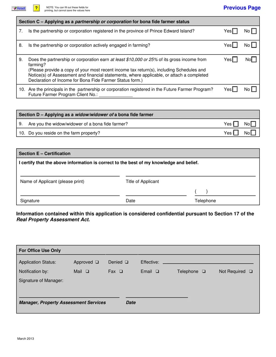 Prince Edward Island Canada Application for Bona Fide Farmer Status