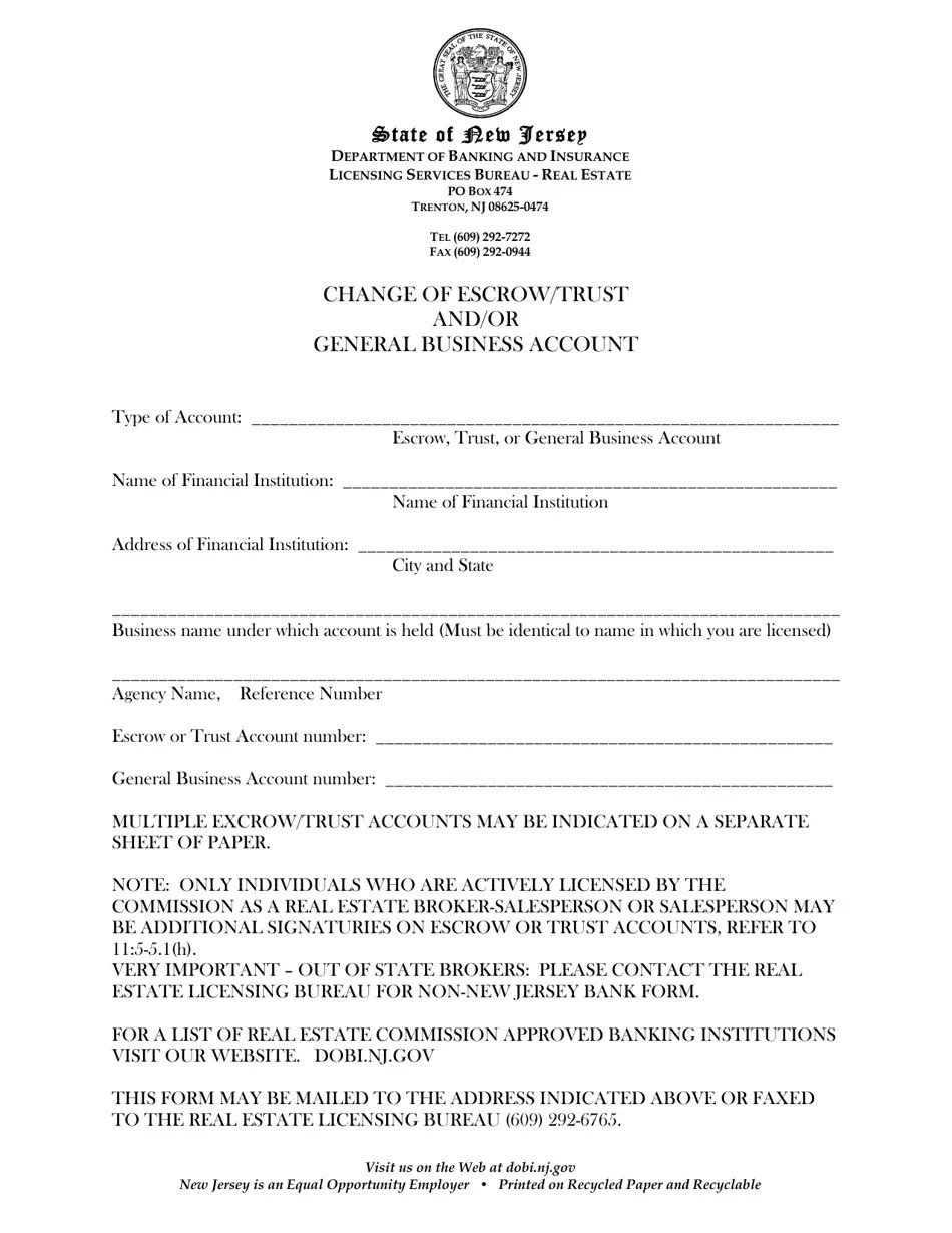 New Jersey Change of Escrow/Trust and/or General Business Account