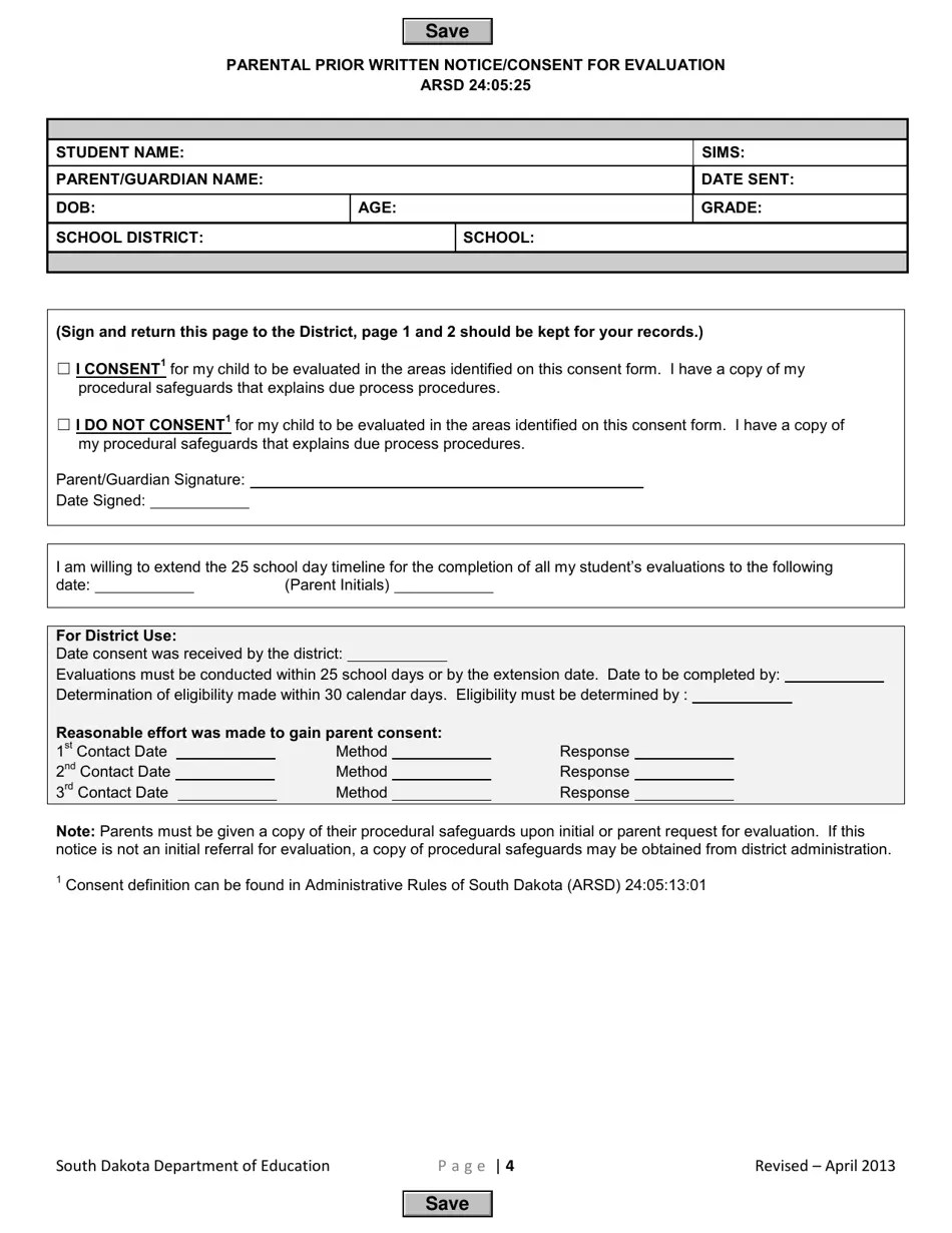 South Dakota Parental Prior Written Notice/Consent for Evaluation